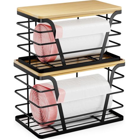 Lot de 2 organiseurs muraux pour sacs poubelles avec plateau en bambou, boîtes de rangement empilables pour armoires et cuisines (1/5)
