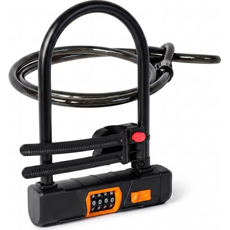 Bike Lock Combination D Lock with Cable 4 Digit Alloy Steel Black Orange