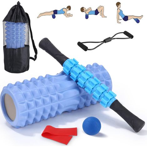Kit di accessori per massaggio fitness e pilates 5 in 1 in schiuma blu, composto da rullo massaggiante per la schiena, bastoncino massaggiante, pallina massaggiante, fascia elastica e altri accessori. (1/5)