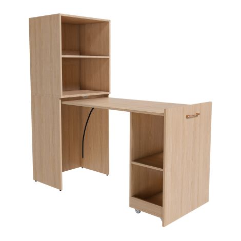 Bureau extensible avec meuble de rangement, plateau coulissant et étagères réglables, finition chêne clair, gain de place pour chambre et bureau (1/5)