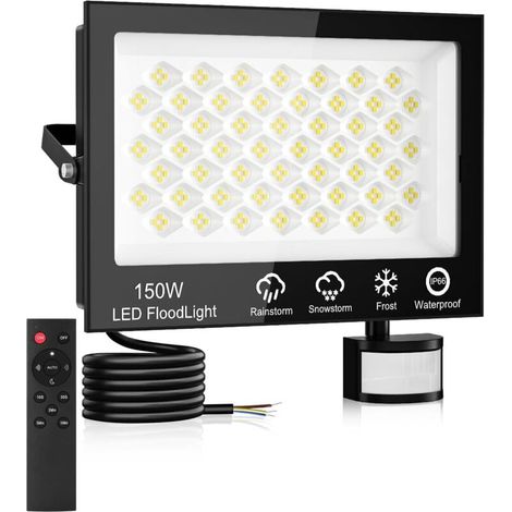 LED Strahler mit Bewegungsmelder Außen 150W,15000LM Superhell Scheinwerfer mit Fernbedienung,6500K Kaltweiß Außenstrahler,IP66 Wasserdicht LED Fluter Flutlicht,Außenlampe für Garten Garage Sportplatz (1/5)
