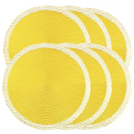 Lot de 6 napperons ronds tressés - sets de table lavables résistants à la chaleur pour table de salle à manger, antidérapants pour intérieur et extérieur, pour Pâques (01 Beige bordure'Jaune (01) 6 pc