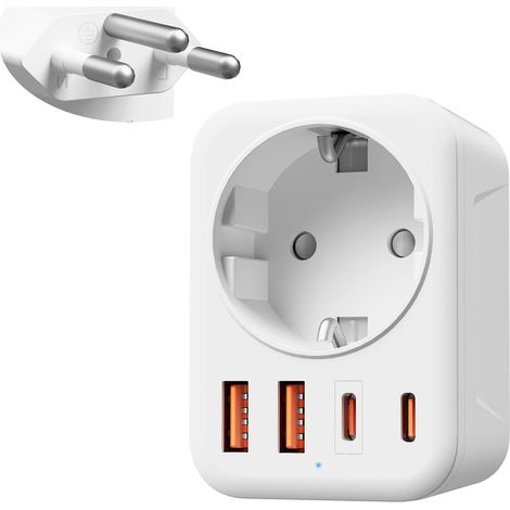 Schweizer EU-Adapter, 5-in-1-Schweizer-Reiseadapter mit 1 AC & 2 USB-C & 2 USB-A (3,4 A), 3-poliger Schweizer Adapter für Liechtenstein, Madagaskar, Malediven, Ruanda, Reisestecker Typ J
