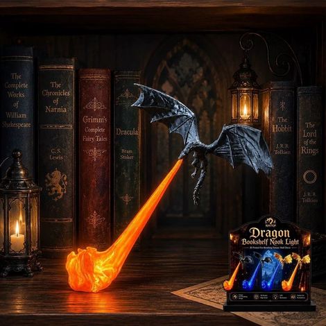 3D Printed Fire-Breathing Fantasy Bookshelf Decor (Dragon Bookshelf Corner Red and Black - as pictured)