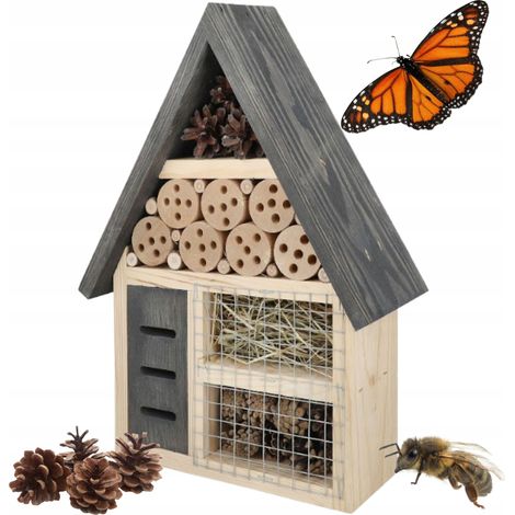 Hôtel à insectes pour abeilles et papillons, maison en bois gris, 4 compartiments, 26 x 9 x 37 cm (1/5)