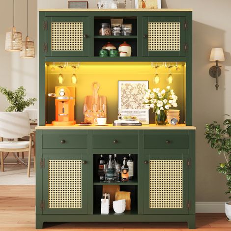 Meuble haut vintage 40x40x165 cm avec  éclairage LED,étagères et tiroirs réglables,  pour cuisine, salon, salle à manger,MDF,Vert
