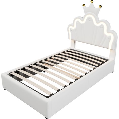 Letto capitonné 90 x 200 cm in PU bianco con LED, contenitore idraulico e testiera regolabile (1/5)