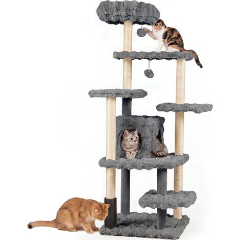 Arbre a Chat xxl 170cm Multi-Niveaux avec Grand Condo Tour Chatons Interieur, Poteaux Griffoirs en Sisal, Perchoir Rembourré Lavable, Gris (1/5)