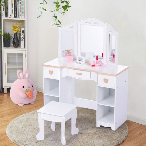 Coiffeuse enfant blanche avec miroir et tiroirs – Ensemble table et chaise princesse – Accessoires maquillage bois – Idéal chambre ou salle de jeux – Pour filles 3-9 ans – Couleur : Blanc (1/5)