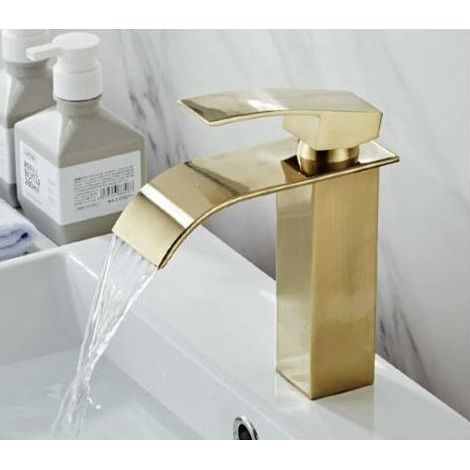 Mélangeur de lavabo Robinet Mono-trou Mitigeur sur Lavabo Robinetterie Lave-mains avec Levier Unique en Cuivre Mélangeur à l'Eau Chaude et Froide- Or (1/5)