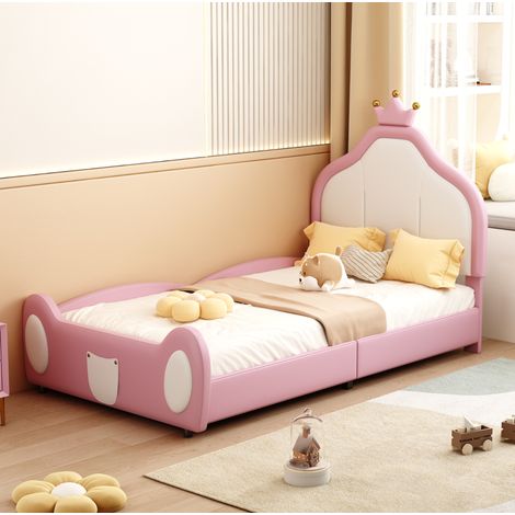 Cama infantil tapizada 90/200 cm rosa y blanco de polipiel con cabecero de corona (1/5)