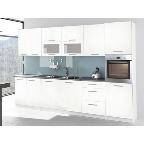 Tendencio – Cuisine complète laquée 3m20 – Colonne four blanche – Revêtement laqué brillant – Emplacement gazinière intégré