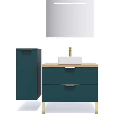 Meuble de salle de bain suspendu vasque à poser 90cm 2 tiroirs Bleu + miroir + colonne ouverture gauche - Venice (1/5)