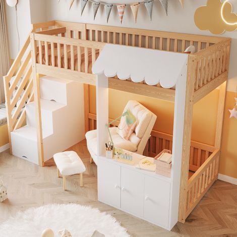 Letto a soppalco per bambini in legno 90x200 cm con scaletta contenitore, LED multicolore e vano portaoggetti, bianco e naturale (1/5)