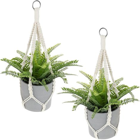 Lot de 2 suspensions en macramé - Corde en coton pour pot suspendu - Décoration bohème - Beige - Pour l'intérieur et l'extérieur - Jardin - Salon - Balcon - Fenêtre - Balcon - Décoration