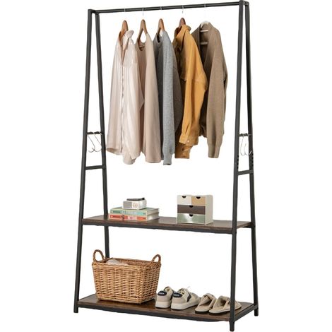 COSTWAY Porte Manteau avec 2 Étagères, Portant Vêtements avec 4 crochets S, Cadre en Métal Solide, Penderie Vetement Dressing pour Chemise, Manteau, Chaussures (Noir)