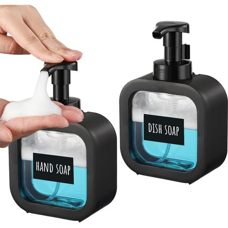 2 Pièces Distributeur Savon Mousse, 300ml Flacon Pompe Plastique Noir, Avec Etiquettes Pour Salle De Bain Et Cuisine