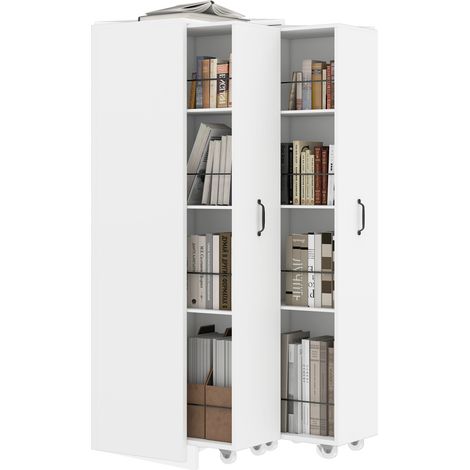 Bibliothèque extensible sur roulettes, 4 niveaux, modules gauche/droite réversibles, MDF blanc, 20 kg par étage, rangement gain de place – CHICFURN (1/5)