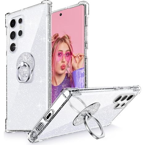 Étui pour Samsung Galaxy S23 Ultra 5G transparent argenté à paillettes + anneau
