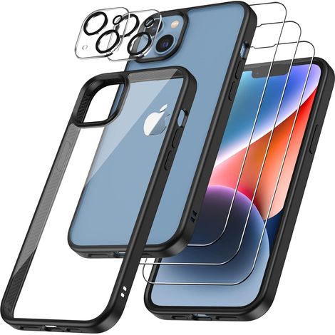 Hülle für iPhone 14 Plus, schwarzer Rahmen, 3-facher Kameraschutz aus gehärtetem Glas (1/5)