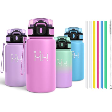 Gourde Inox 500ml, Gourde Isotherme avec six Pailles et 1 Brosse à épong, Étanche et sans BPA, Double Paroi Isolante, Bouteille D'eau - Rouge rose (1/5)