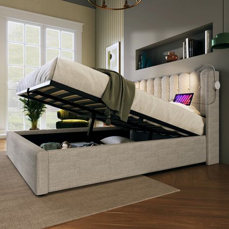 Lit double 140 x 200 cm en lin beige avec tête de lit lumineuse, ports de charge usb et coffre de rangement (1/5)