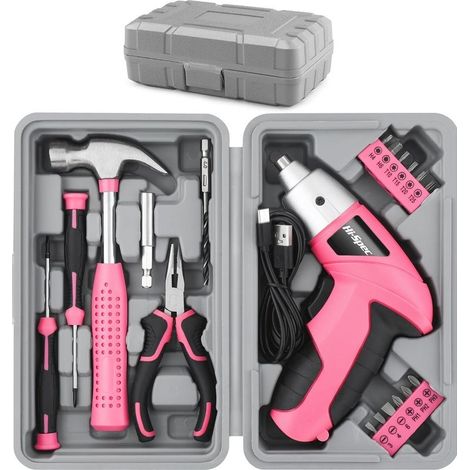 Kit d'outils 19 pièces, tournevis électrique USB rose 3,6 V, kit de bricolage pour la maison, tournevis sans fil rechargeable avec boîte à outils compacte (1/5)