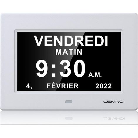 7 Inch LCD Digital Calendar Clock with Date Day and Time Clock Unabridged Auto Dimming 8 Languages HD Display Reminder for Elderly and Children (White)