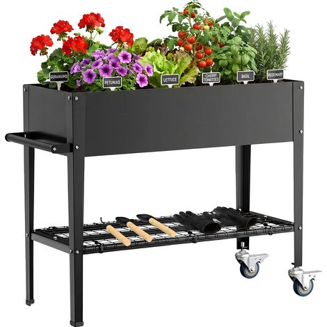 Jardin surélevé, roulettes verrouillables, étagère de rangement, noir (1/2)