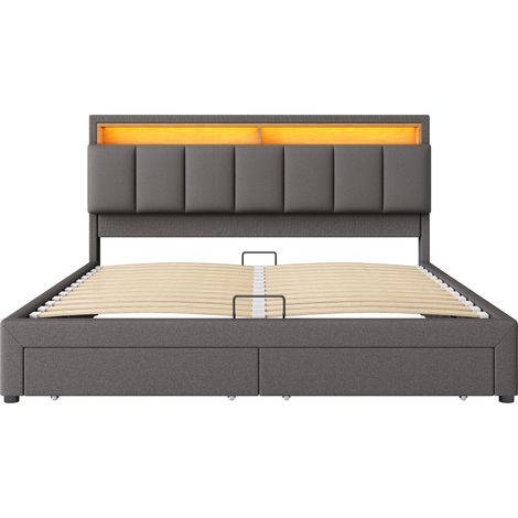 GagaLit rembourré 180x200 cm avec LED, rangement hydraulique, tiroirs et tête de lit en mousse, gris (1/5)