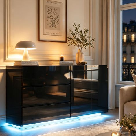 Buffet 160 cm – Armoire latérale – 2 portes + 3 tiroirs – LED RGB 7 couleurs – design scandinave – noir laqué (1/5)