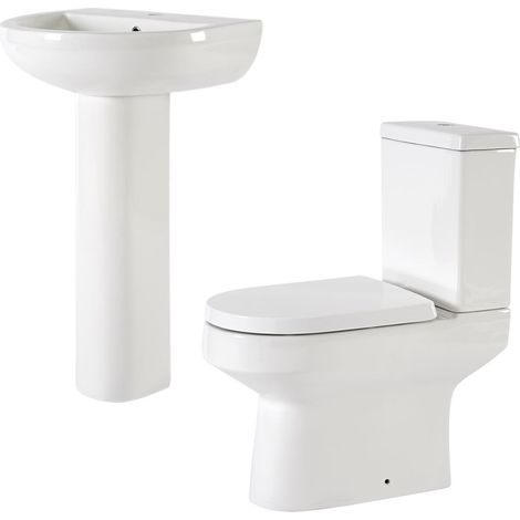 Milano Ballam White Bathroom Ceramic Close Coupled Toilet WC and Full Pedestal Bathroom Basin Sink with One Tap Hole