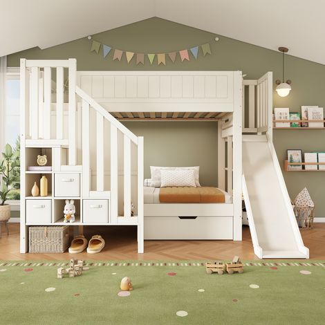 Letto a castello 90x200 cm, con scivolo e contenitore, in legno, bianco, senza materasso (1/5)