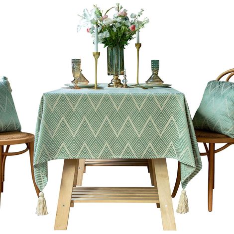 Nappe rectangulaire américaine légère et luxueuse, nappe à franges en coton et lin, serviette de table basse, tissu à rayures décoratives (vert, 6060) (1/5)