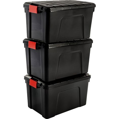 Iris Ohyama, grande contenitore in plastica, contenitore per garage da 60 litri, Lotto di 3, SIA-60, nero, impilabile, clip di chiusura - L59 x P39,5 x A35,5 cm (1/6)