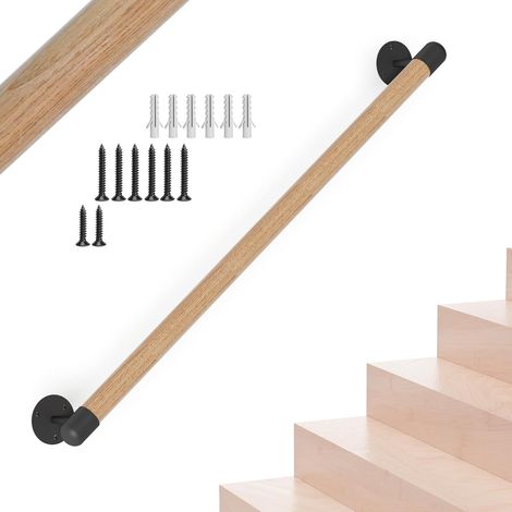 Rampe d'escalier ronde en bois de 90 cm - Support mural - Garde-corps de sécurité pour personnes âgées, enfants, handicapés - Marron - Antidérapante, Résistant à la corrosion, Support mural (1/5)