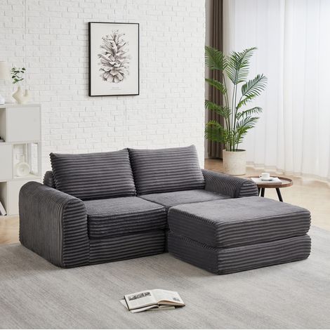 REDOM - Divano letto modulare in velluto a coste grigio, seduta convertibile, poggiapiedi rimovibile, braccioli curvi (1/5)
