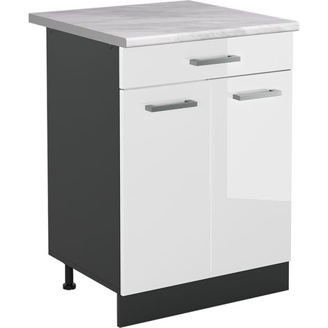 Mueble bajo de cocina R-Line, Blanco alto brillo/Antracita, 60 cm con cajón encimera Mármol, Vicco (1/5)