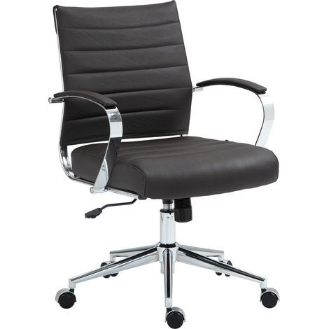 Chaise de bureau design ergonomique en cuir véritable marron et métal chromé 100002563