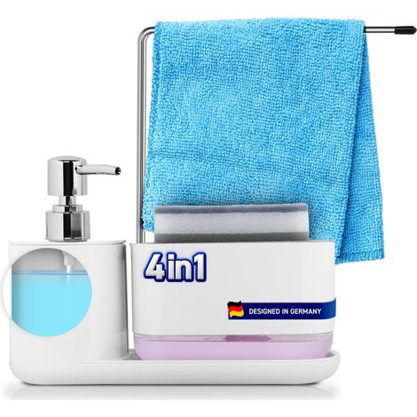 Distributeur de liquide vaisselle, 4 en 1, organisateur de cuisine, distributeur de savon avec dosage précis, porte-torchon en acier inoxydable, porte-éponge avec bac d'égouttement (1/5)