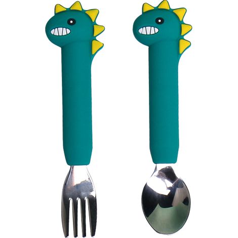 Couverts Enfant - Cuillère Et Fourchette En Acier Inoxydable Avec Poignée En Silicone - Pour Apprentissage De L'Autonomie Alimentaire - Lot De 2