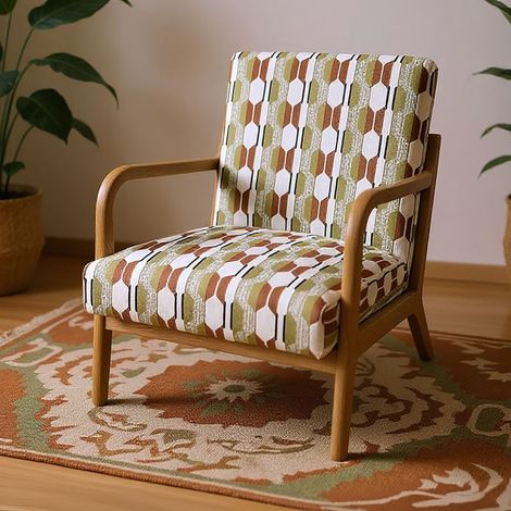 Fauteuil à motifs 74x64x78cm en tissu multicolore et bois d'hévéa