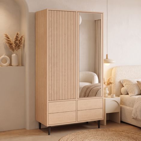 Armoire penderie avec miroir, dressing de chambre, 2 portes 4 tiroirs et tringle, 90x45x200 cm, pour chambre à coucher, couleur chêne (1/5)