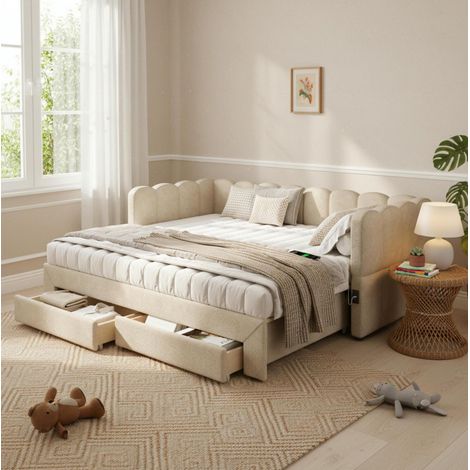 Lit enfant 90x190 cm - Lit gigogne - Avec 2 tiroirs, USB et Type C - En chenille - Beige - Sans matelas (1/5)