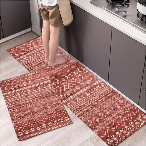 Tapis Cuisine Devant Evier 40x60cm 40x120cm Antidérapant Rectangulaire Tapis Salle de Bain Rouge 2 Pièces (1/2)