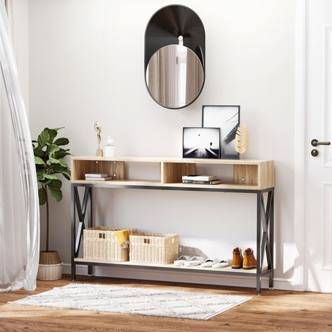Table Console Table d'Entrée Industriel Multi-rangements 120x23,5x75 centimètres Bois Chêne