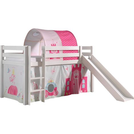 Lit toboggan 90x200 avec tente et tunnel princesse pin massif blanc Pino (1/3)