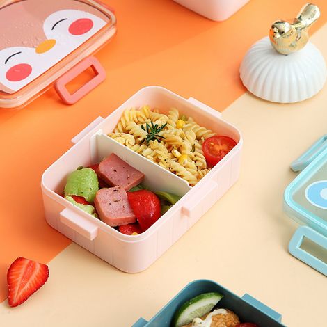 Boîte à lunch Bento rose rectangulaire, mignonne et portable, avec 2 compartiments, séparateur amovible et fermeture à quatre attaches. Contenant Lunchable de 600 ml. Motif dessin animé. (1/5)