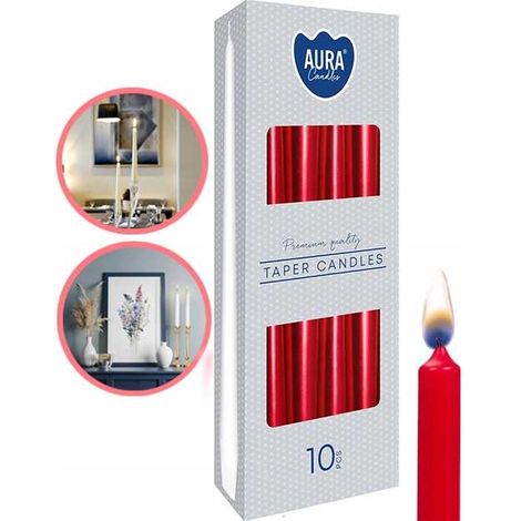 Candele da tavolo affusolate AURA, rosso metallizzato, 7h, 10 pezzi. s30-230