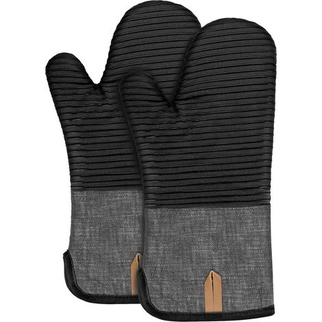 Juego de 2 manoplas de horno extralargas de algodón con tiras de silicona, para hornear y hacer barbacoas, color negro. (1/5)